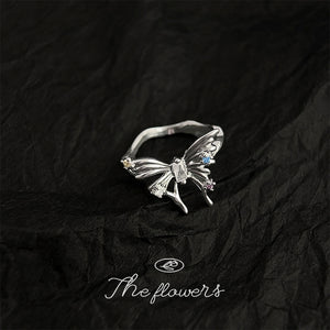 Open Adjustable Butterfly Ring, Electroplated Brass with Cubic Zirconia