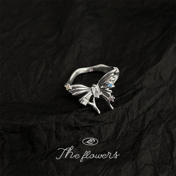 Silver Open Butterfly Ring Liquid Metal Multicolor Accents