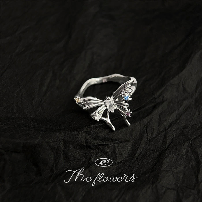 Silver Open Butterfly Ring Liquid Metal Multicolor Accents