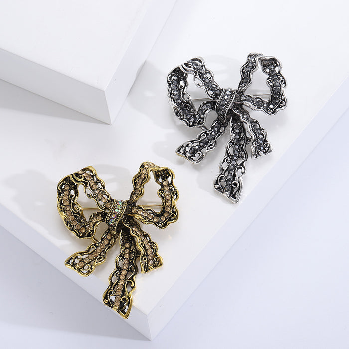 Filigree Rhinestone Bow Brooch Silver or Antique Gold