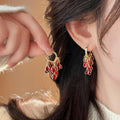 Red Teardrop Cluster Earrings With Gold Tone Open Hoops view 2