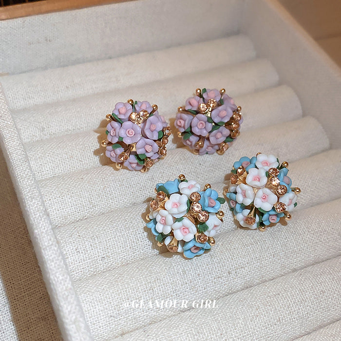 Ceramic Flower Cluster Stud Earrings in Purple and Blue