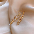 Gold Wheat Leaf Linear Dangle Stud Earrings With Metal Details view 4