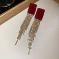 Burgundy Velvet Square Stud Earrings With Crystal Tassels view 6