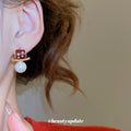 Red Enamel Square and Faux Pearl Drop Huggie Earrings view 3