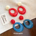 Glossy Red and Blue Open Oval Statement Drop Stud Earrings view 3