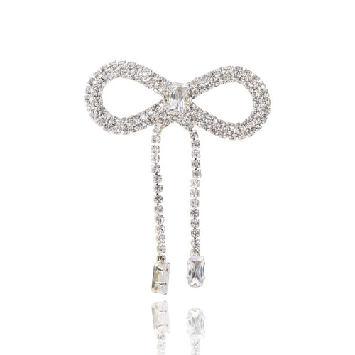 Clear rhinestone open bow brooch with dual crystal drop chains