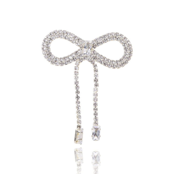 Clear Rhinestone Bow Brooch Dual Crystal Drop Tassel Chains