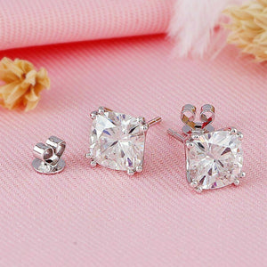 Silver Cushion Cut Clear CZ Stud Earrings Butterfly Backs