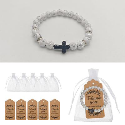 White cross bead black cross bracelet with bags and kraft tags