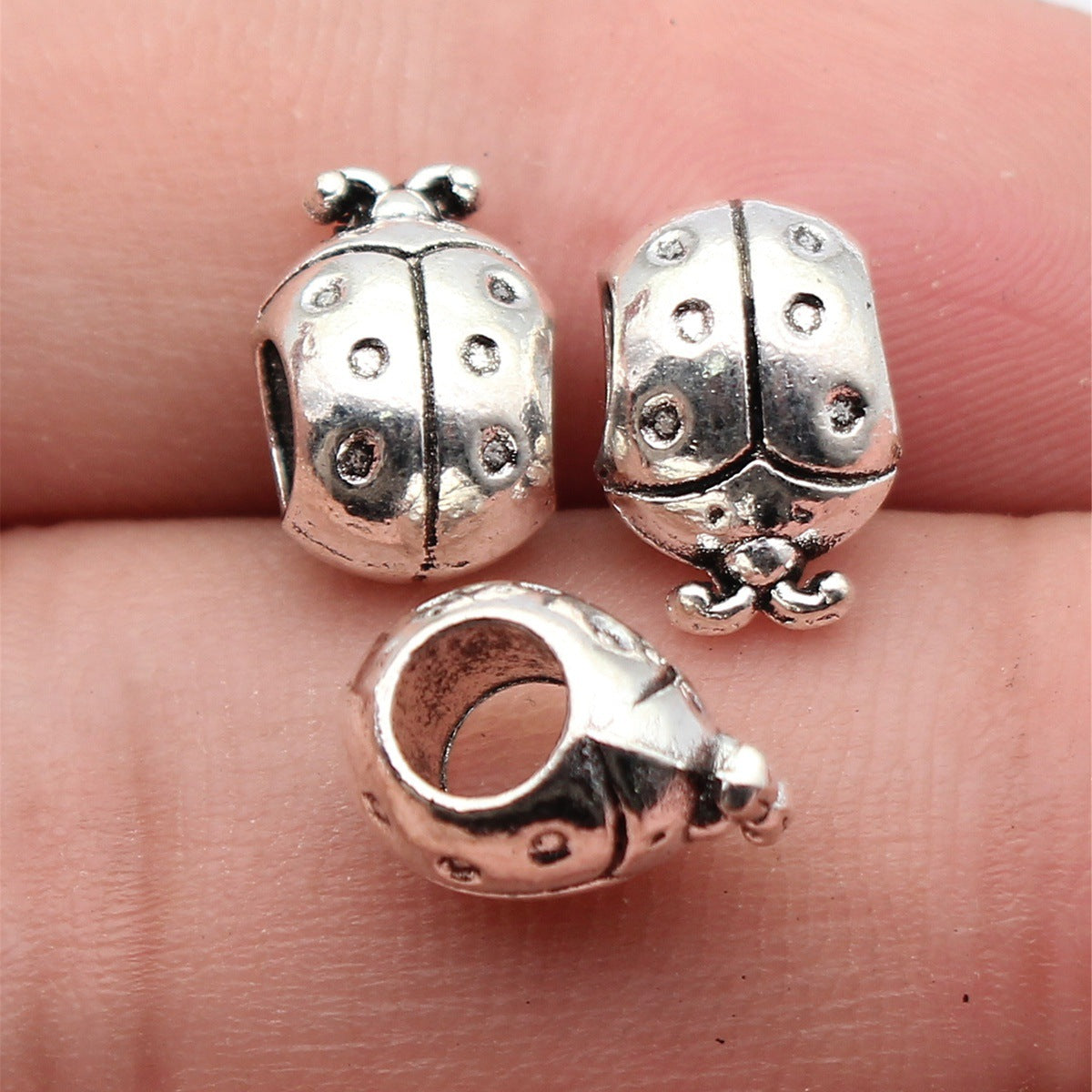 12x8.4x8.4mm 1.5g Antique Silver Zinc Alloy Ladybug Large Hole Spacer Double Sided Beads for Bracelet Necklace Making
