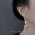 Gold Leaf Dangle Earrings White Pearl Fishhook Ear Wires view 2