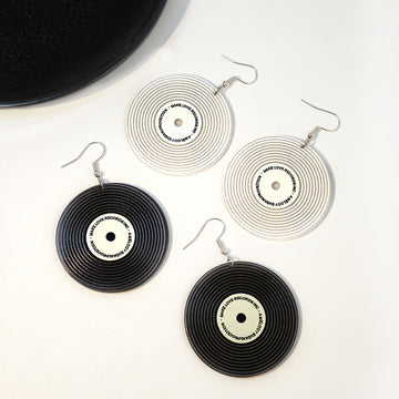 Black and Silver Vinyl Record Large Round Hook Earrings