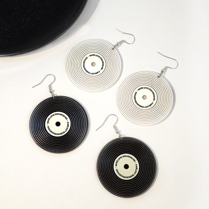 Black and Silver Vinyl Record Large Round Hook Earrings
