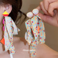 Printed Ribbon and Bead Tassel Stud Earrings Statement Jewelry view 1