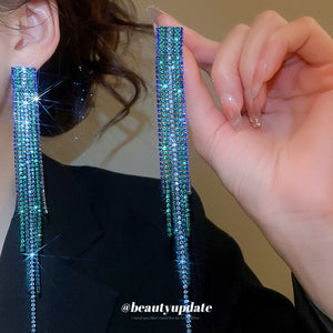 Blue-Green Crystal Fringe Drop Earrings with Long Brass Tassels