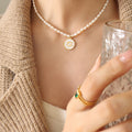 Pearl Strand Zodiac Disc Pendant Necklace Gold Shell Inlay view 7