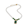White Faux Pearl and Green Crystal Pendant Necklace view 5