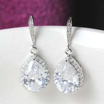 Silver Tone Teardrop CZ Halo Drop Earrings Purple Blue Clear