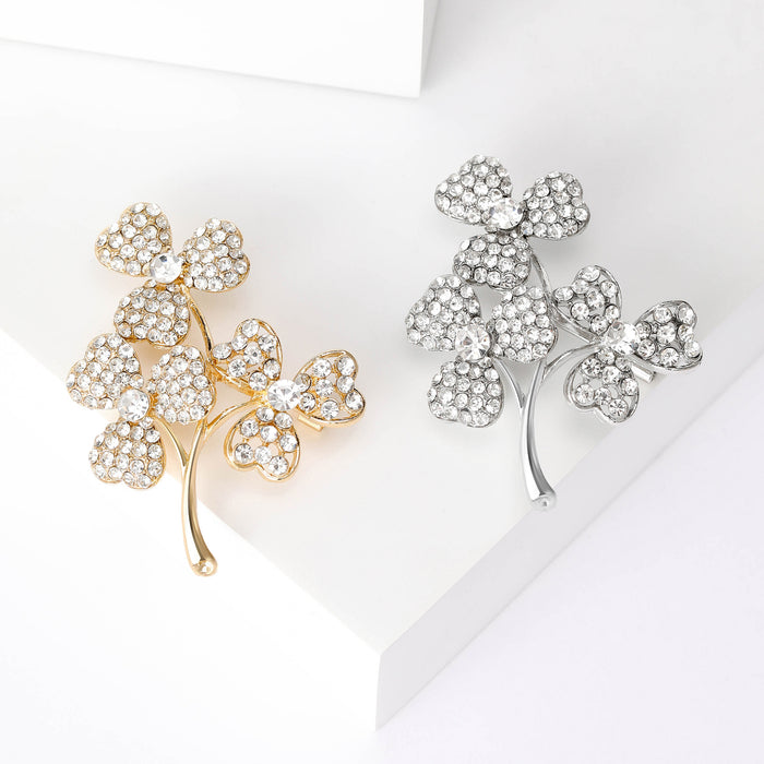 Crystal Clover Branch Brooch in Gold or Silver Tone