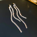 Silver Tone Triple Crystal Chain Fringe Earrings with Polished Metal Accents view 6