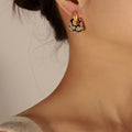 Gold Tone Enamel Drop Earrings Leaf Stud Geometric Pattern view 3