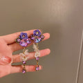 Purple Flower and Crystal Long Drop Earrings Fashion Jewelry Accessories view 6