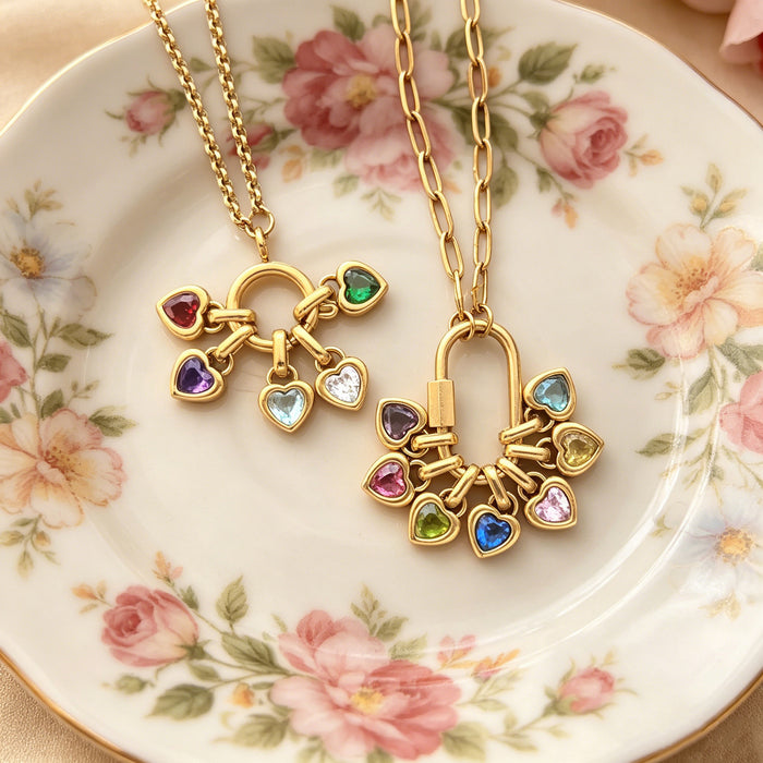 Gold Tone Chain Necklaces With Twelve Small Heart Birthstone Pendants