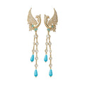 Phoenix and Blue Teardrop Tassel Earrings in Gold Tone view 5