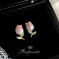 Pink Gradient Tulip Bud Stud Earrings Gold Stem Mint Leaves view 3