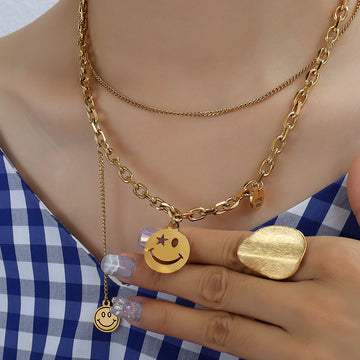 Gold Silver Double Layer Smiley Face Tassel Necklace