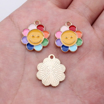 Gold Tone Smiling Rainbow Petal Flower Enamel Charm