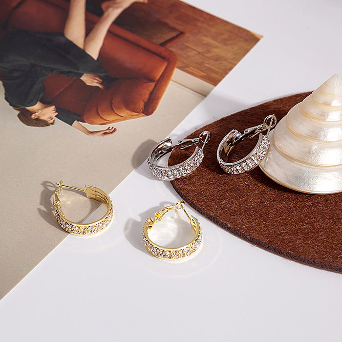 Double Row Clear Look Accent Small C Hoop Earrings