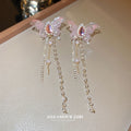 Pink Butterfly Crystal Earrings with Triple Chain Tassels view 2
