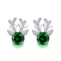 Silver Tone Reindeer Stud Earrings with Green Round Stones view 1