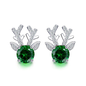 Silver Tone Reindeer Stud Earrings with Green Round Stones