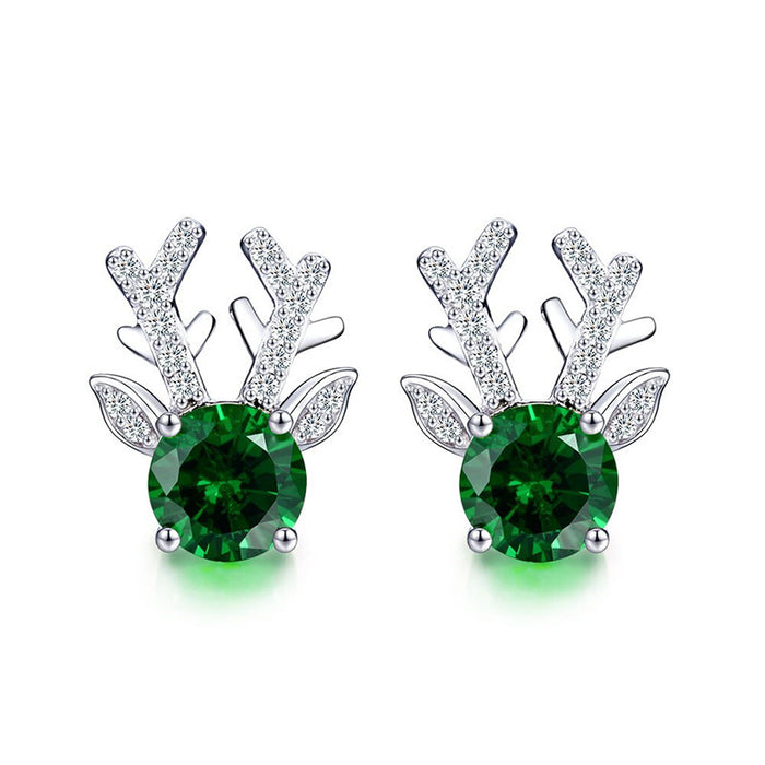 Silver Tone Reindeer Stud Earrings with Green Round Stones