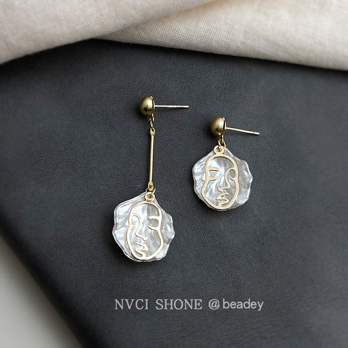 Asymmetric Gold Face Shell Drop Earrings Ball Studs