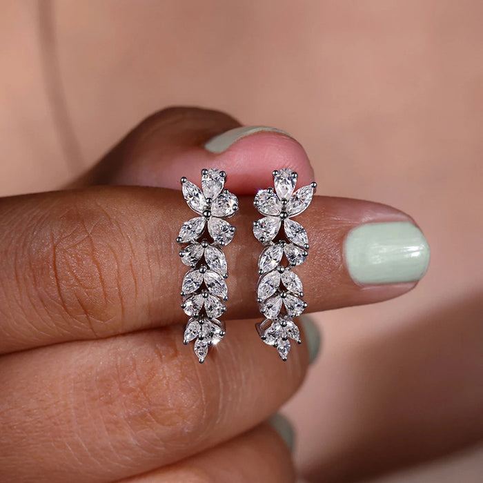 Silver Tone Crystal Leaf Tassel Drop Earrings Fashion Jewelry
