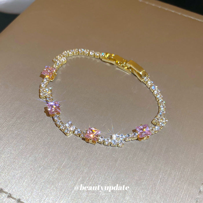 Gold Tone Pink Square And Clear Crystal Link Bracelet