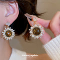 Brown Cabochon Crystal Flower Stud Earrings Statement Fashion Jewelry view 1