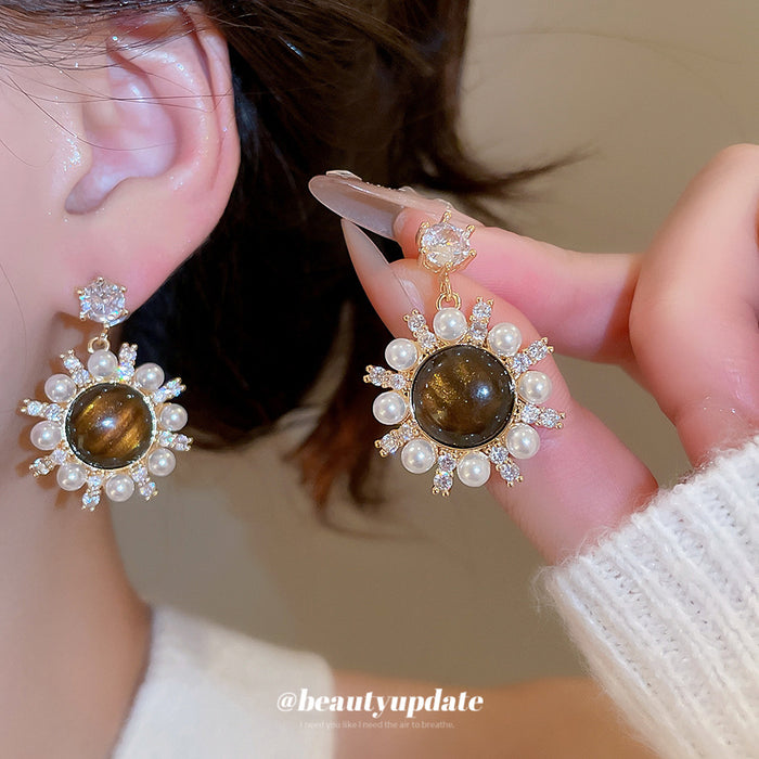 Brown Cabochon Crystal Flower Stud Earrings Statement Fashion Jewelry