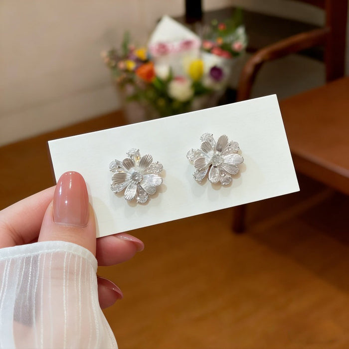 Silver Floral Cluster Crystal Stud Earrings Statement Jewelry Design