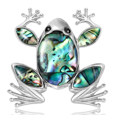 Abalone Shell Frog Brooch with Crystal Leaves displayed from the front