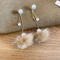 Brown and White Faux Fur Pom Pom Pearl Drop Stud Earrings view 7