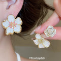 Petal Flower Stud Earrings in Pink White and Silver Tone Designs view 2