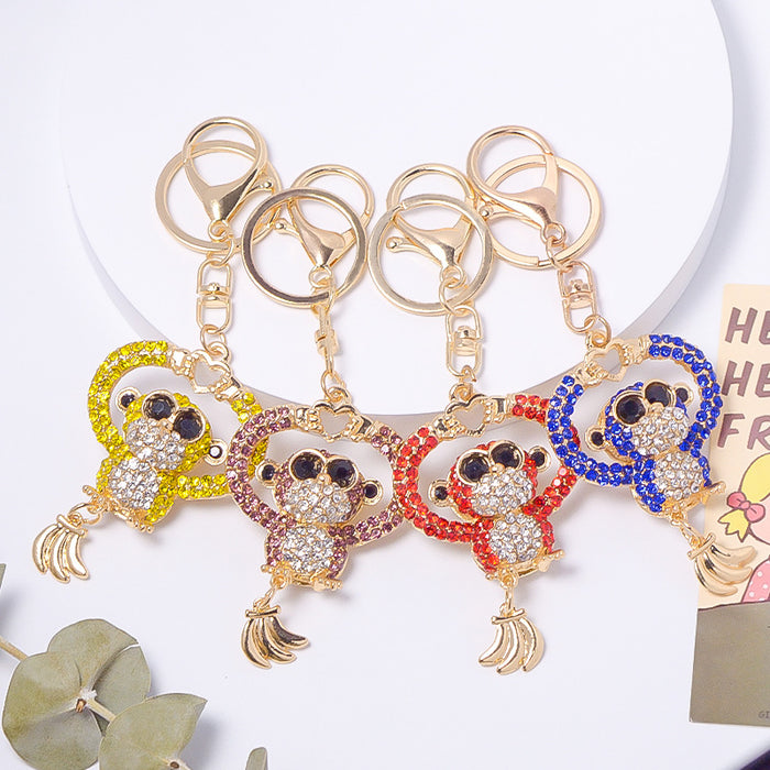 Rhinestone Monkey Keychain Gold Clasp Banana Charm
