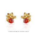 Gold Lucky Cat Stud Earrings Red Zircon Fortune Pair view 1