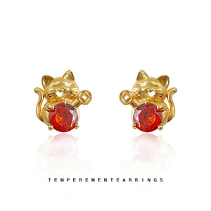 Gold Lucky Cat Stud Earrings Red Zircon Fortune Pair