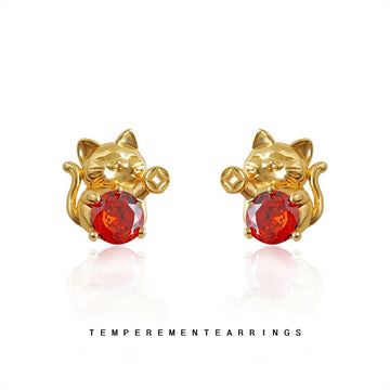 Gold Lucky Cat Stud Earrings Red Zircon Fortune Pair